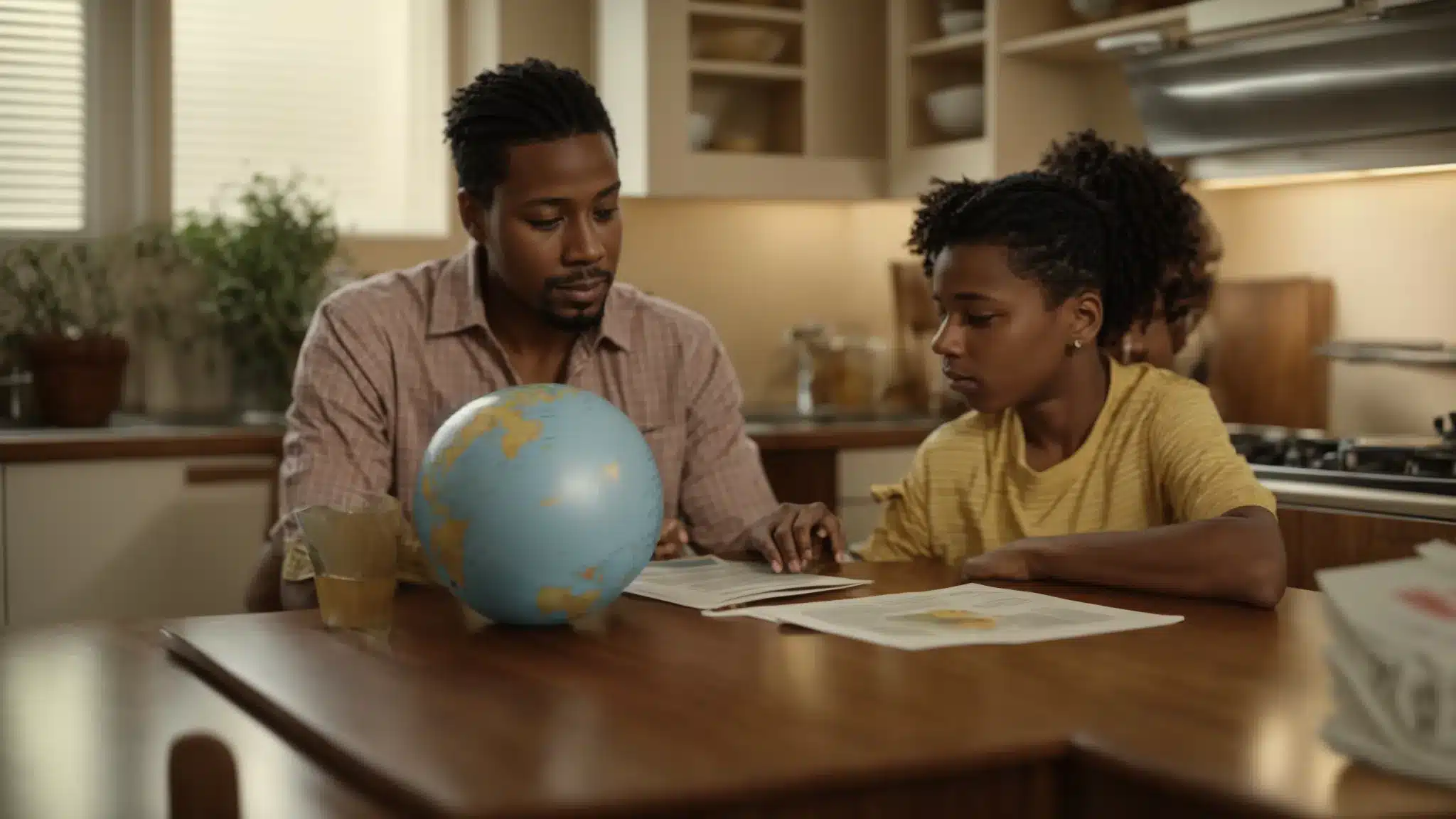 a parent and child sit at a kitchen table, with the parent calmly explaining to the attentive child, using a globe and non-specific election pamphlets as visual aids.