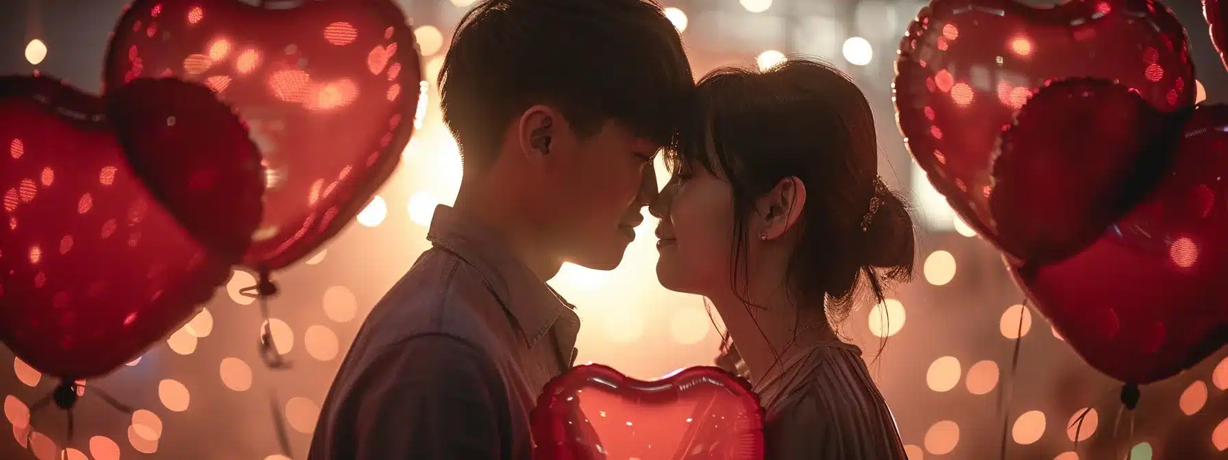 a couple staring lovingly into each other's eyes, surrounded by heart-shaped balloons.