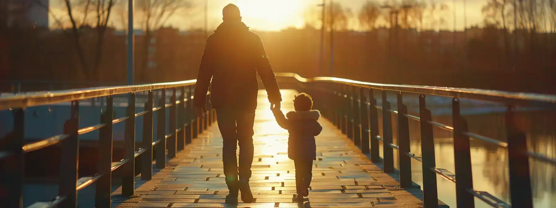 a parent and child walking towards each other on a bridge, reaching out to reconcile their relationship.