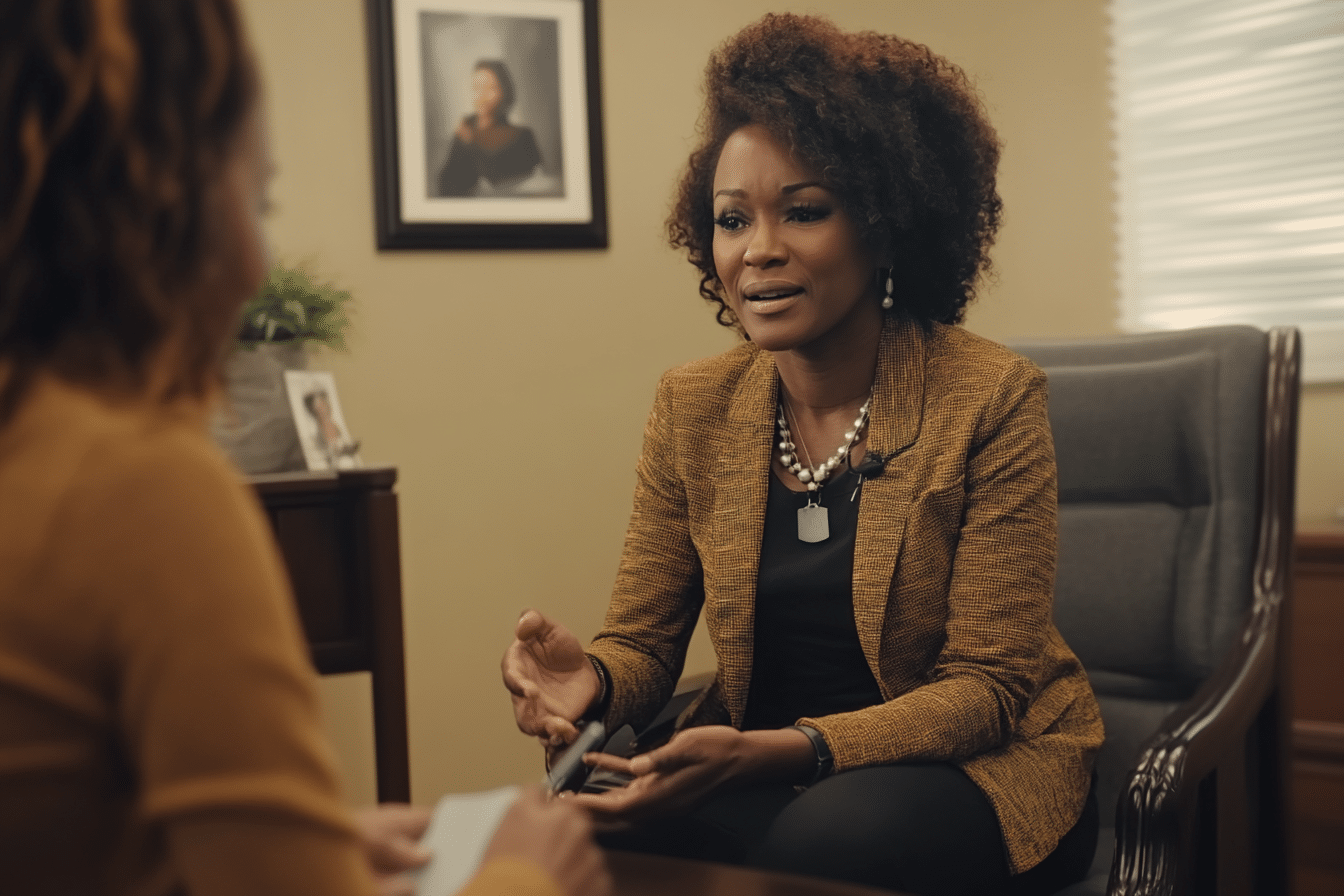 a woman sitting with her therapist in a Therapy office in Baltimore, speaking about past trauma